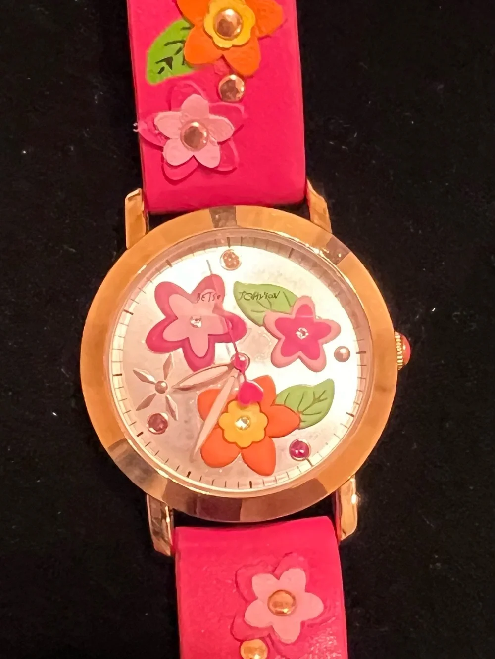 Betsey Johnson Pink Floral Leather Strap Watch with Gold-Tone Case.    EUC